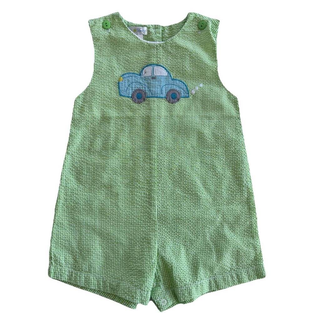 Petit Pomme Shortalls Boy's 24M Romper Green Gingham Seersucker Embroidered Car‎